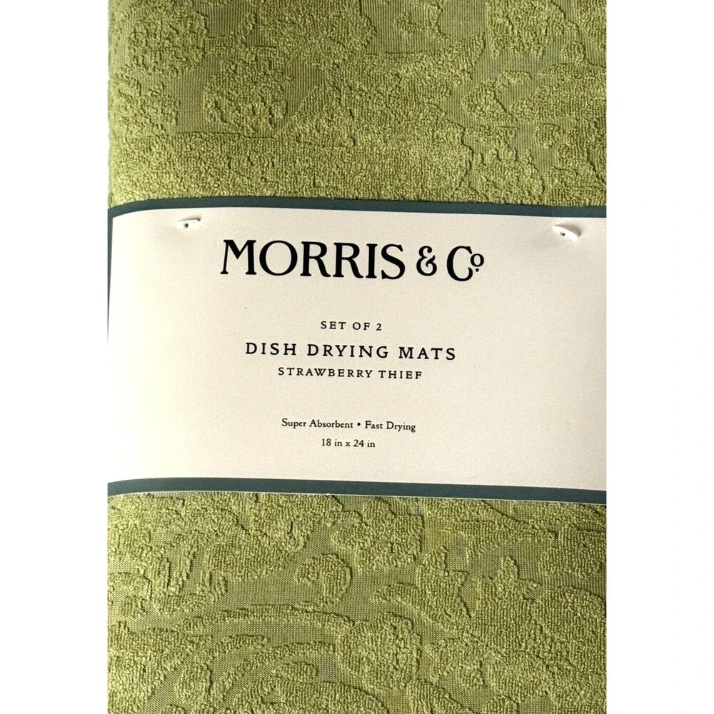 Morris & Co Strawberry Thief Kitchen Dish Drying Mats Green 18X24 Set of 2